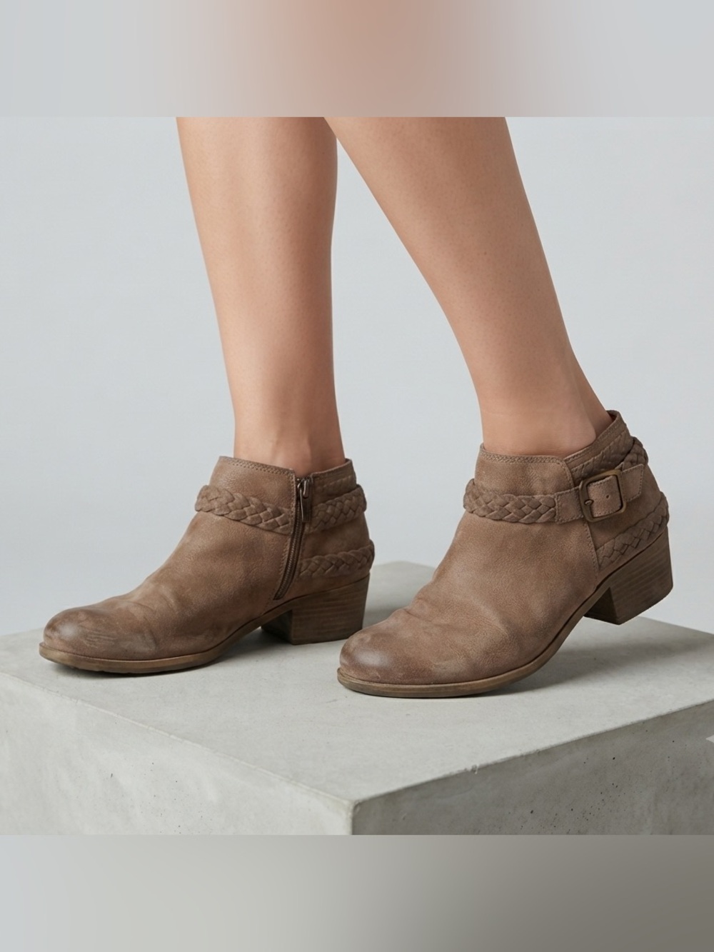 Life Stride Brown Suede Braided Ankle Booties